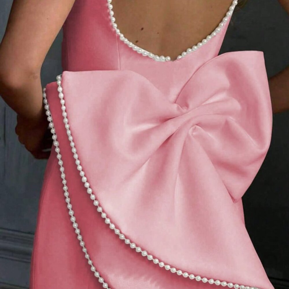 Pink Elegant Women's Romantic Backless Pearl Bow Prom Dress - Picture 3 of 7